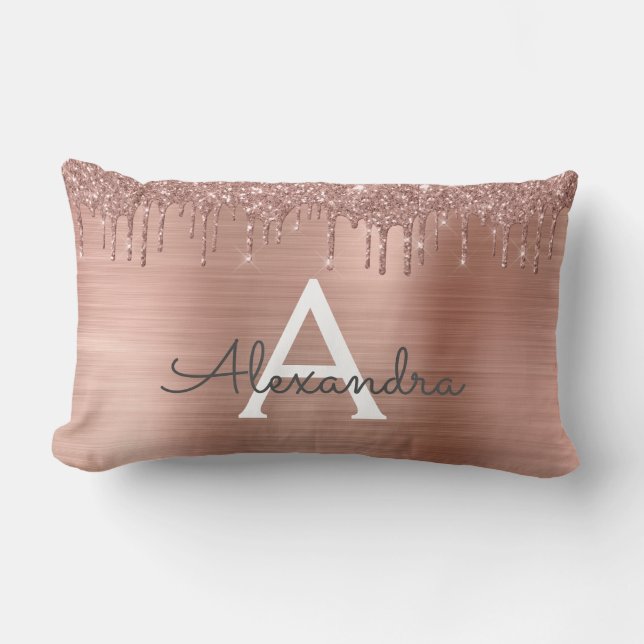 Rose Gold - Blush Pink Glitter Metal Monogram Name Lumbar Pillow (Front)