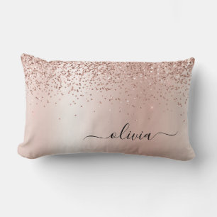 Rose Gold - Blush Pink Glitter Metal Monogram Name Lumbar Pillow