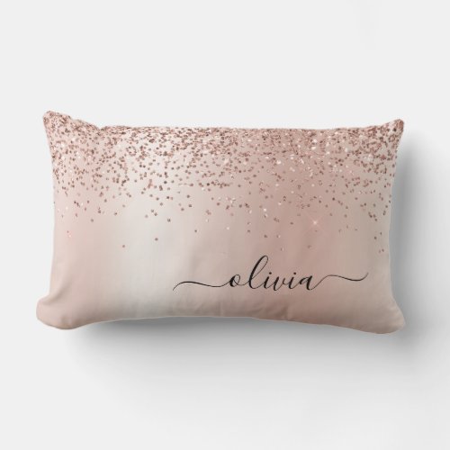 Rose Gold _ Blush Pink Glitter Metal Monogram Name Lumbar Pillow