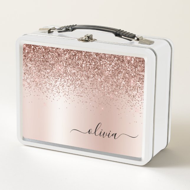 Rose Gold - Blush Pink Glitter Metal Monogram Name Lunch Box (Front)