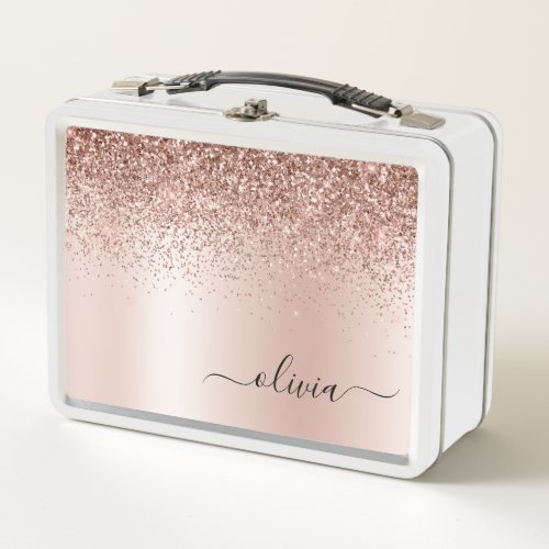 Rose Gold _ Blush Pink Glitter Metal Monogram Name Metal Lunch Box