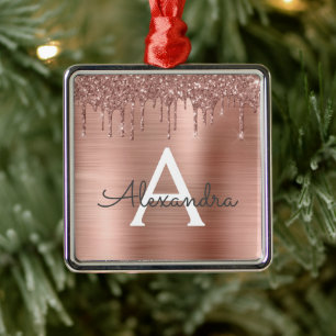Rose Gold - Blush Pink Glitter Metal Monogram Name Metal Ornament