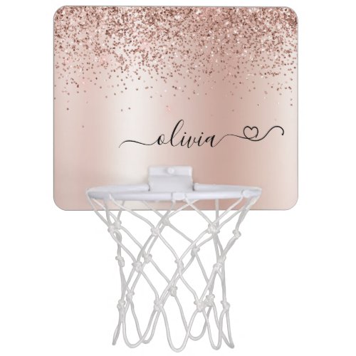 Rose Gold _ Blush Pink Glitter Metal Monogram Name Mini Basketball Hoop