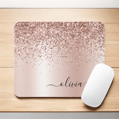 Rose Gold _ Blush Pink Glitter Metal Monogram Name Mouse Pad