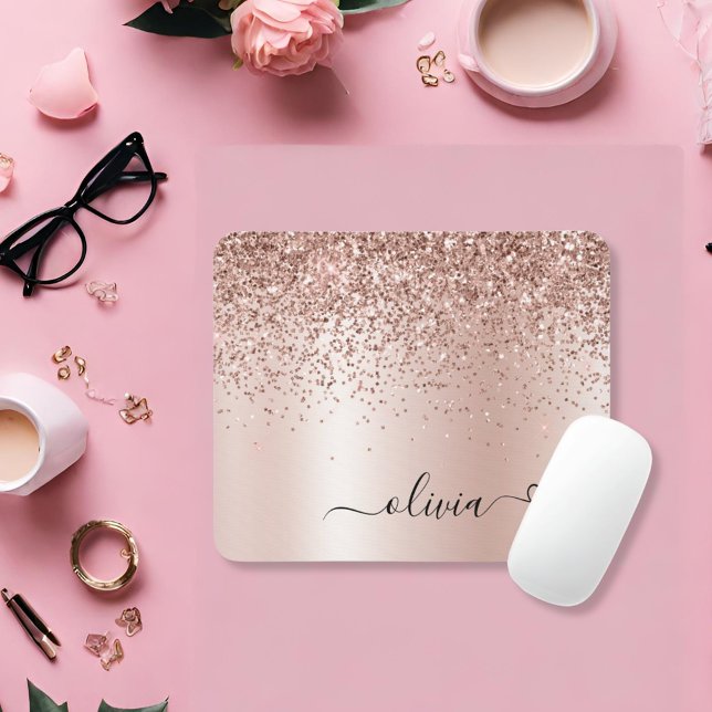 Rose Gold - Blush Pink Glitter Metal Monogram Name Mouse Pad (Creator Uploaded)