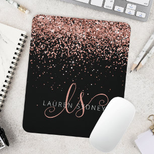 Rose Gold Blush Pink Glitter Metal Monogram Name Mouse Pad