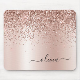 Rose Gold - Blush Pink Glitter Metal Monogram Name Mouse Pad