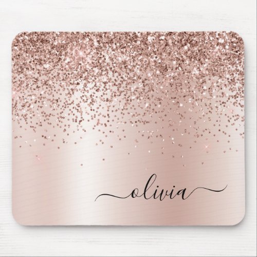Rose Gold _ Blush Pink Glitter Metal Monogram Name Mouse Pad