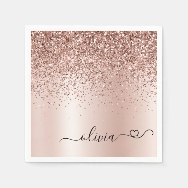 Rose Gold - Blush Pink Glitter Metal Monogram Name Napkins (Front)
