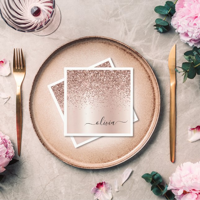 Rose Gold - Blush Pink Glitter Metal Monogram Name Napkins (Creator Uploaded)