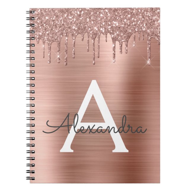 Rose Gold - Blush Pink Glitter Metal Monogram Name Notebook (Front)