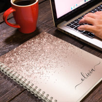 Rose Gold - Blush Pink Glitter Metal Monogram Name Notebook