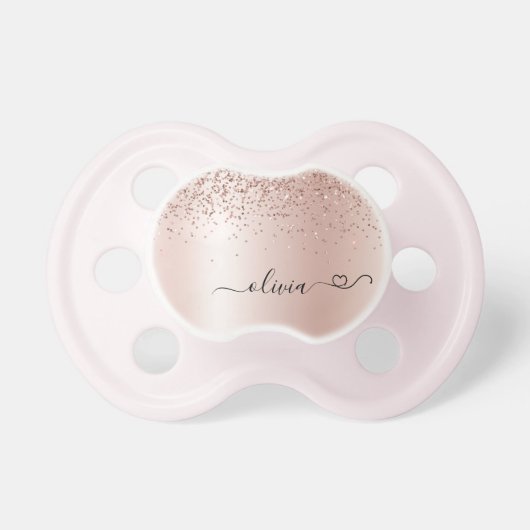 Rose Gold - Blush Pink Glitter Metal Monogram Name Pacifier (Front)