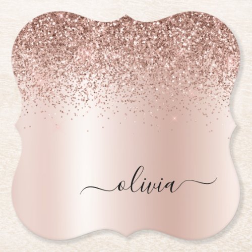 Rose Gold _ Blush Pink Glitter Metal Monogram Name Paper Coaster