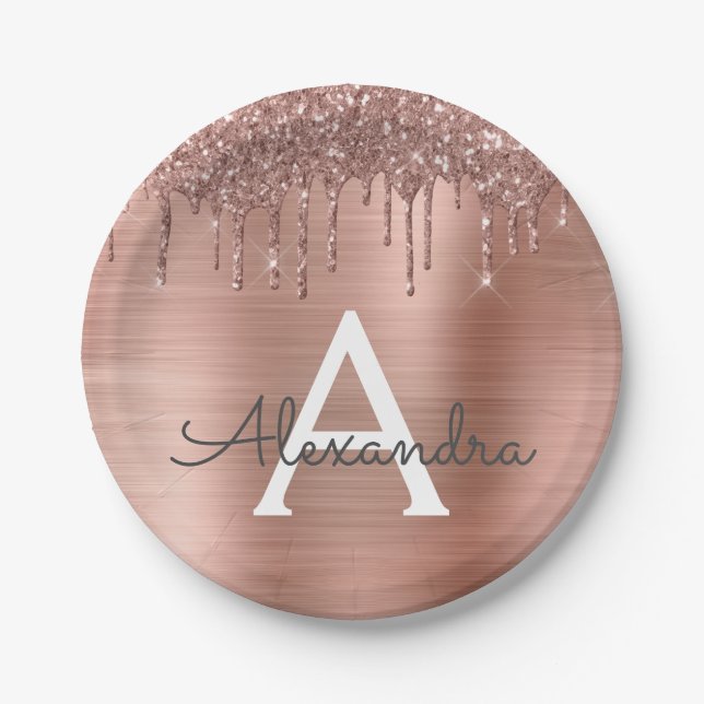 Rose Gold - Blush Pink Glitter Metal Monogram Name Paper Plates (Front)