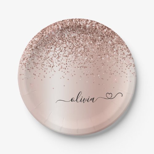 Rose Gold _ Blush Pink Glitter Metal Monogram Name Paper Plates