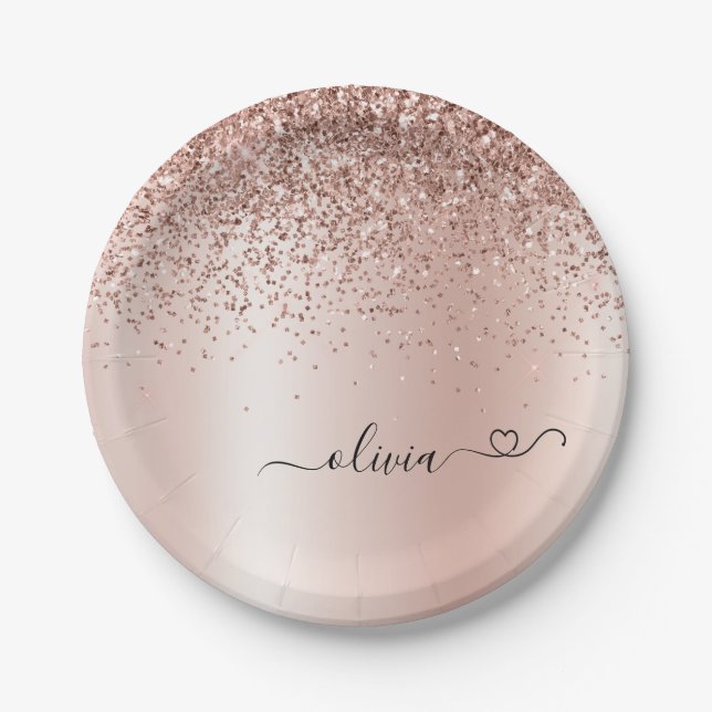 Rose Gold - Blush Pink Glitter Metal Monogram Name Paper Plates (Front)