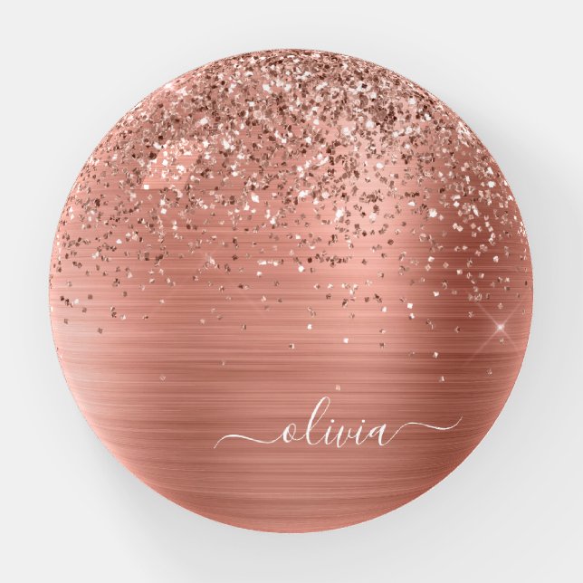 Rose Gold - Blush Pink Glitter Metal Monogram Name Paperweight (Front)