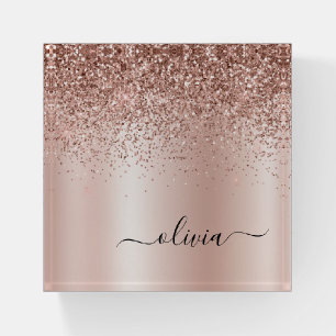 Rose Gold - Blush Pink Glitter Metal Monogram Name Paperweight