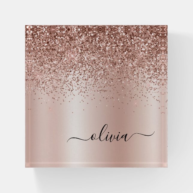 Rose Gold - Blush Pink Glitter Metal Monogram Name Paperweight (Front)