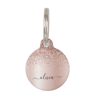 Rose Gold - Blush Pink Glitter Metal Monogram Name Pet ID Tag