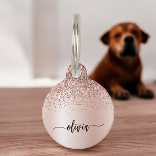 Rose Gold - Blush Pink Glitter Metal Monogram Name Pet ID Tag