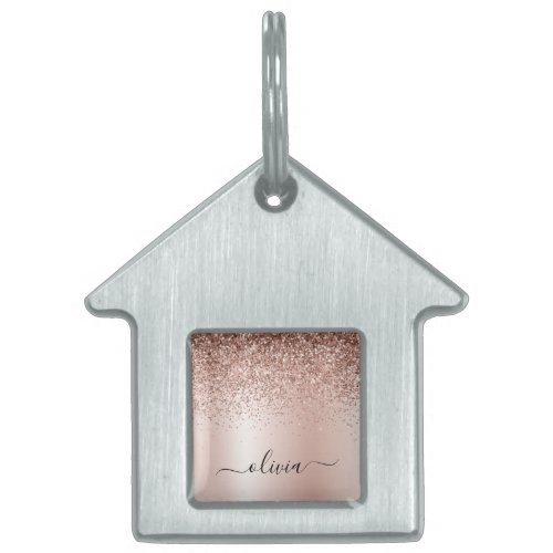 Rose Gold _ Blush Pink Glitter Metal Monogram Name Pet ID Tag