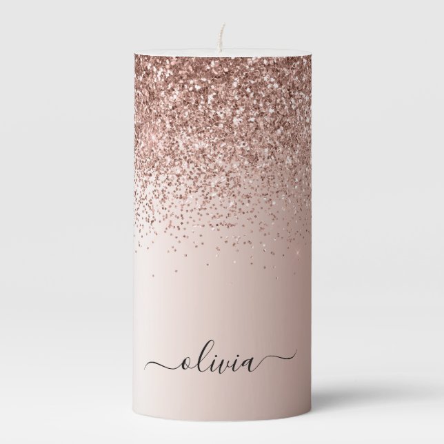 Rose Gold - Blush Pink Glitter Metal Monogram Name Pillar Candle (Front)
