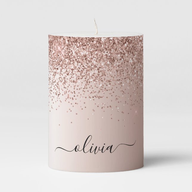 Rose Gold - Blush Pink Glitter Metal Monogram Name Pillar Candle (Front)
