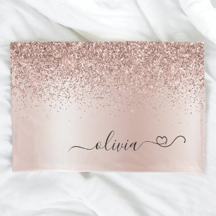 Rose Gold - Blush Pink Glitter Metal Monogram Name Pillow Case