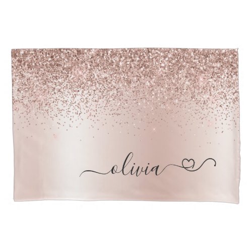 Rose Gold _ Blush Pink Glitter Metal Monogram Name Pillow Case