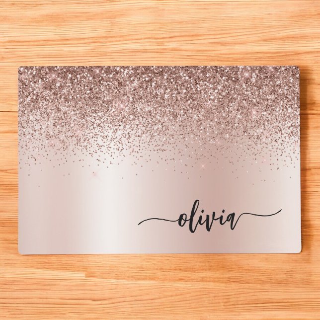 Rose Gold - Blush Pink Glitter Metal Monogram Name Placemat (Creator Uploaded)