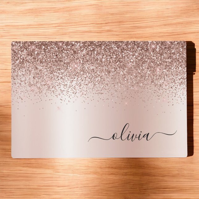 Rose Gold - Blush Pink Glitter Metal Monogram Name Placemat (Creator Uploaded)