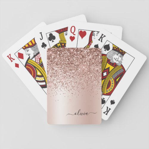 Rose Gold _ Blush Pink Glitter Metal Monogram Name Poker Cards
