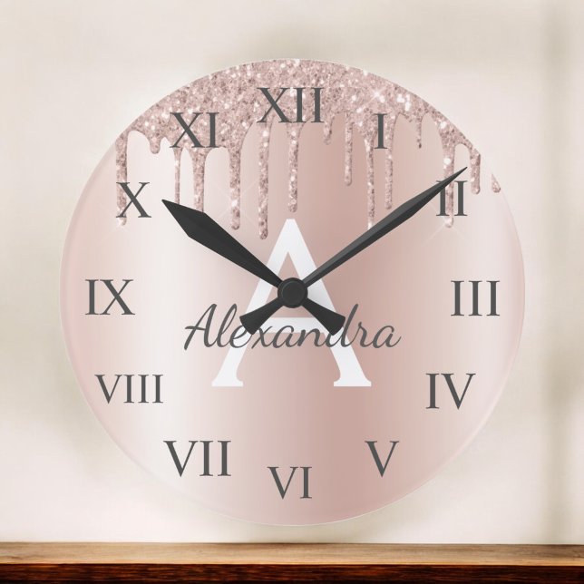 Rose Gold - Blush Pink Glitter Metal Monogram Name Round Clock (Creator Uploaded)