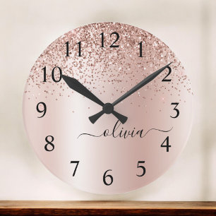 Rose Gold - Blush Pink Glitter Metal Monogram Name Round Clock