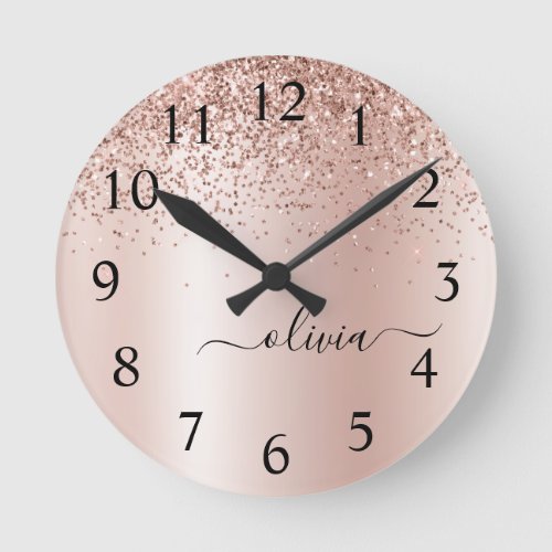 Rose Gold _ Blush Pink Glitter Metal Monogram Name Round Clock