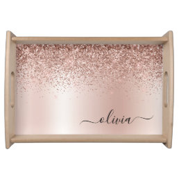 Rose Gold - Blush Pink Glitter Metal Monogram Name Serving Tray
