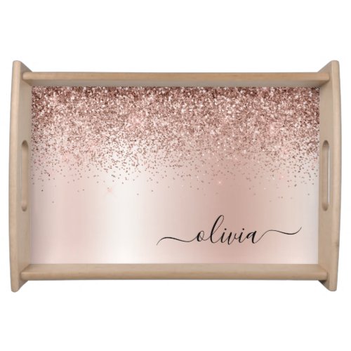 Rose Gold _ Blush Pink Glitter Metal Monogram Name Serving Tray