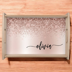 Rose Gold - Blush Pink Glitter Metal Monogram Name Serving Tray