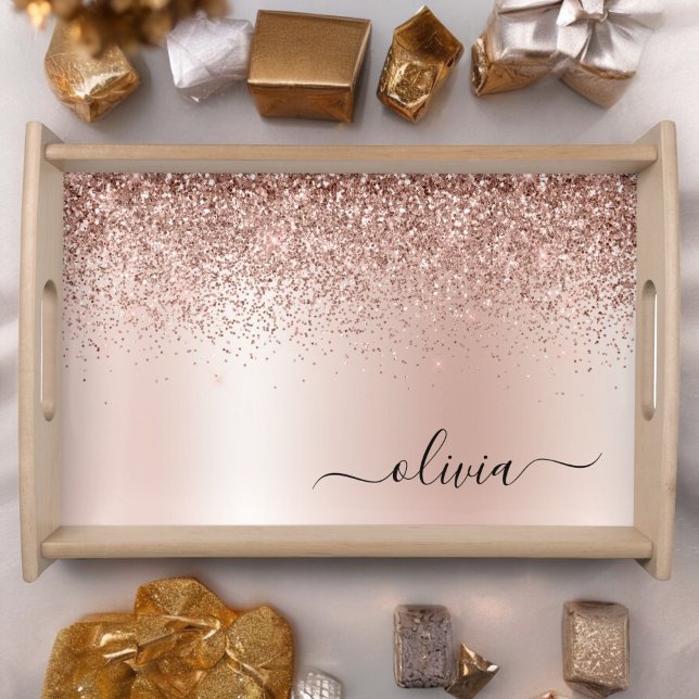 Rose Gold - Blush Pink Glitter Metal Monogram Name Serving Tray (Creator Uploaded)