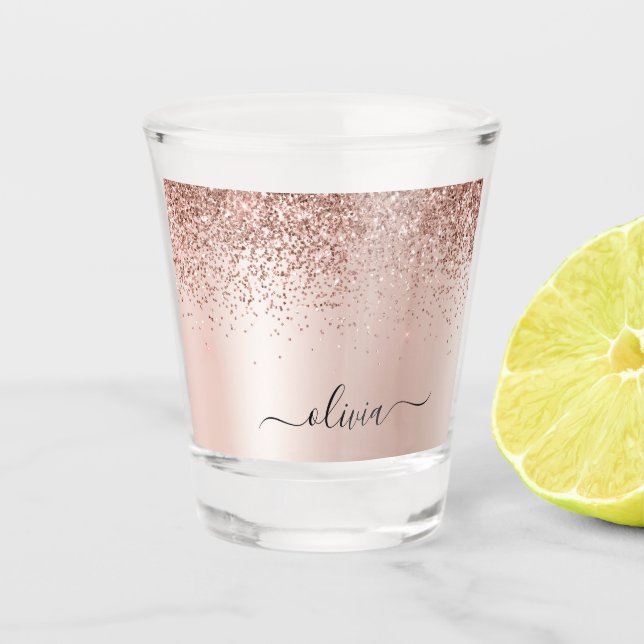 Rose Gold - Blush Pink Glitter Metal Monogram Name Shot Glass (Front)