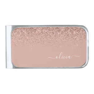 Rose Gold Blush Pink Glitter Metal Monogram Name Silver Finish Money Clip