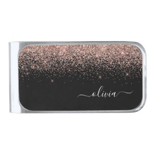 Rose Gold Blush Pink Glitter Metal Monogram Name Silver Finish Money Clip