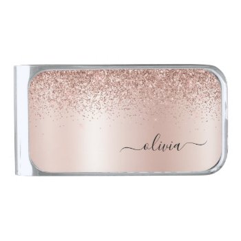 Rose Gold - Blush Pink Glitter Metal Monogram Name Silver Finish Money Clip by Hot_Foil_Creations at Zazzle