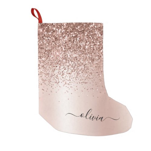 Rose Gold _ Blush Pink Glitter Metal Monogram Name Small Christmas Stocking