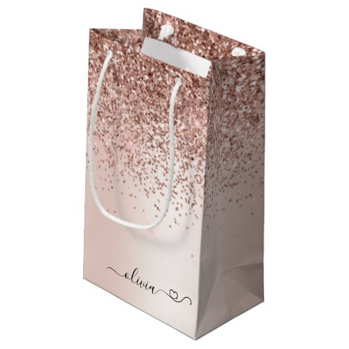 Rose Gold _ Blush Pink Glitter Metal Monogram Name Small Gift Bag