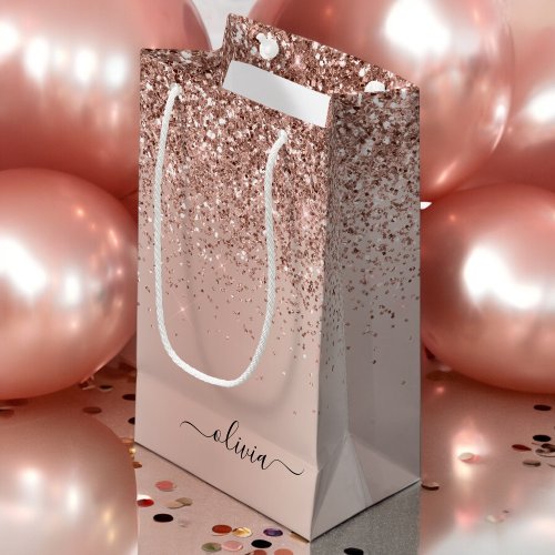 Rose Gold _ Blush Pink Glitter Metal Monogram Name Small Gift Bag