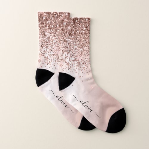 Rose Gold _ Blush Pink Glitter Metal Monogram Name Socks