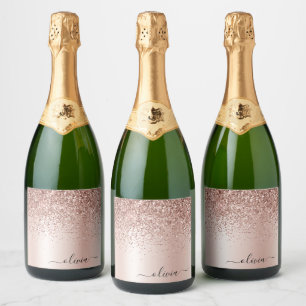Rose Gold - Blush Pink Glitter Metal Monogram Name Sparkling Wine Label